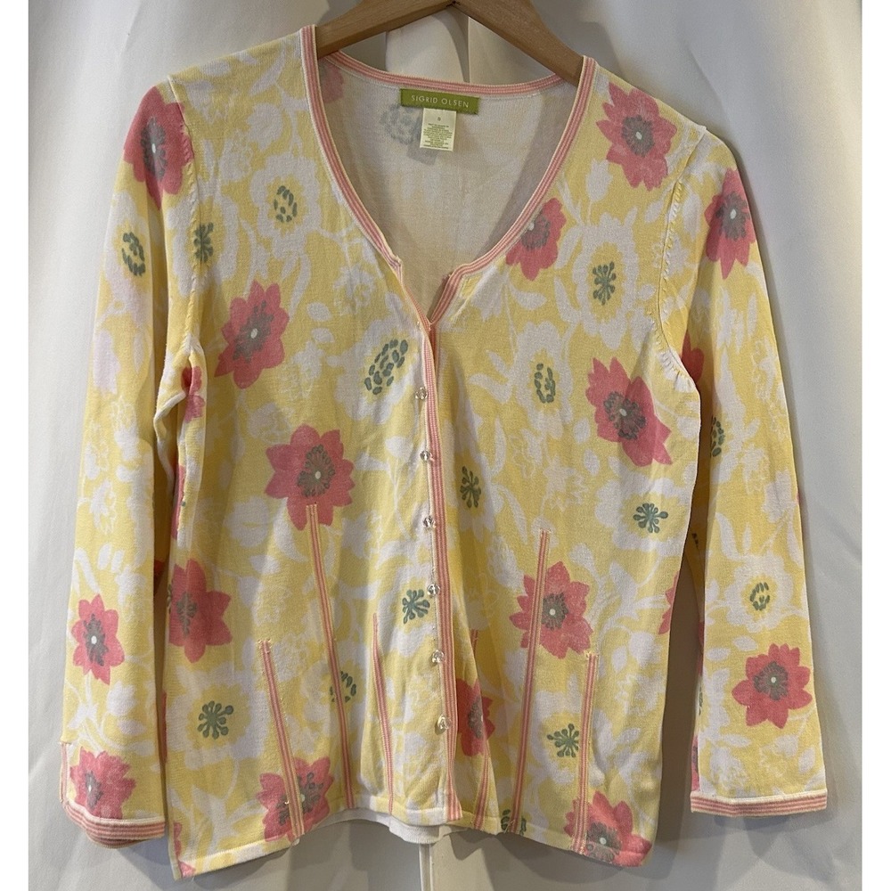 Sigrid Olsen Floral Crystal-Button Front Cardigan Sweater Women Sz S Scoop Neck